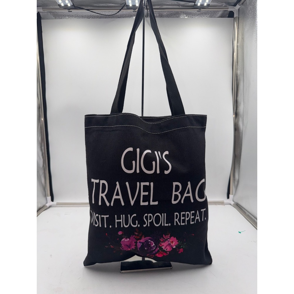 Gigi's Travel Bag Black Canvas Tote Floral Visit Hug Spoil Repeat Graphic Bag